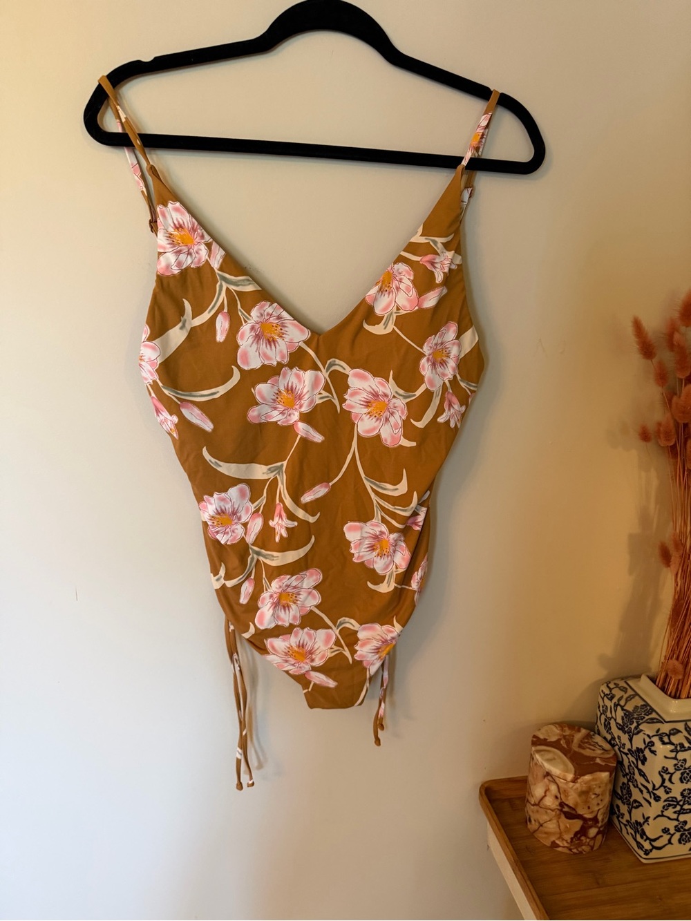 Roxy One-Piece Swimsuit in Mustard with Pink Floral Print - Picture 1 of 5